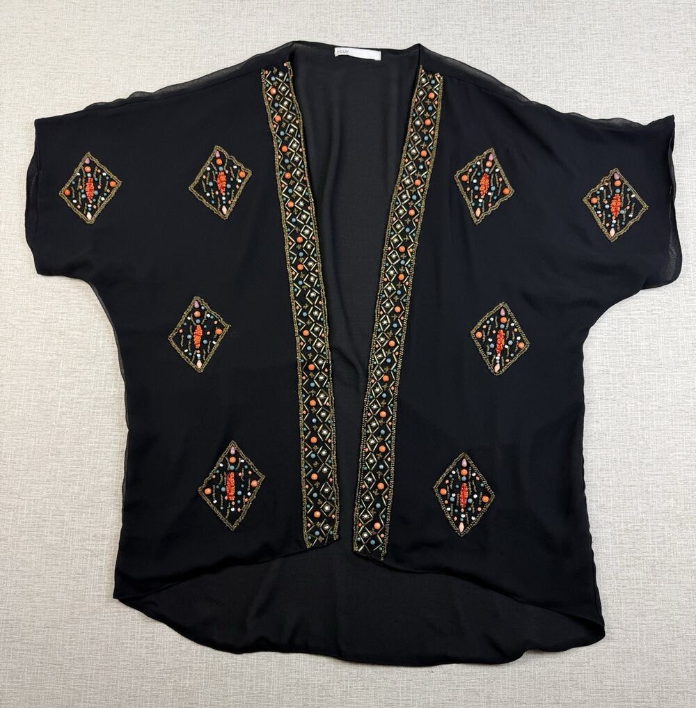 inLUV Women’s Black Embellished Kimono Cardigan Open Front Beaded Cover Up